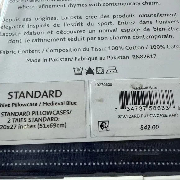 Lacoste 100% Cotton Medieval Blue Standard Pillowcase Pair Archive 2 Pillow Case - Picture 7 of 8